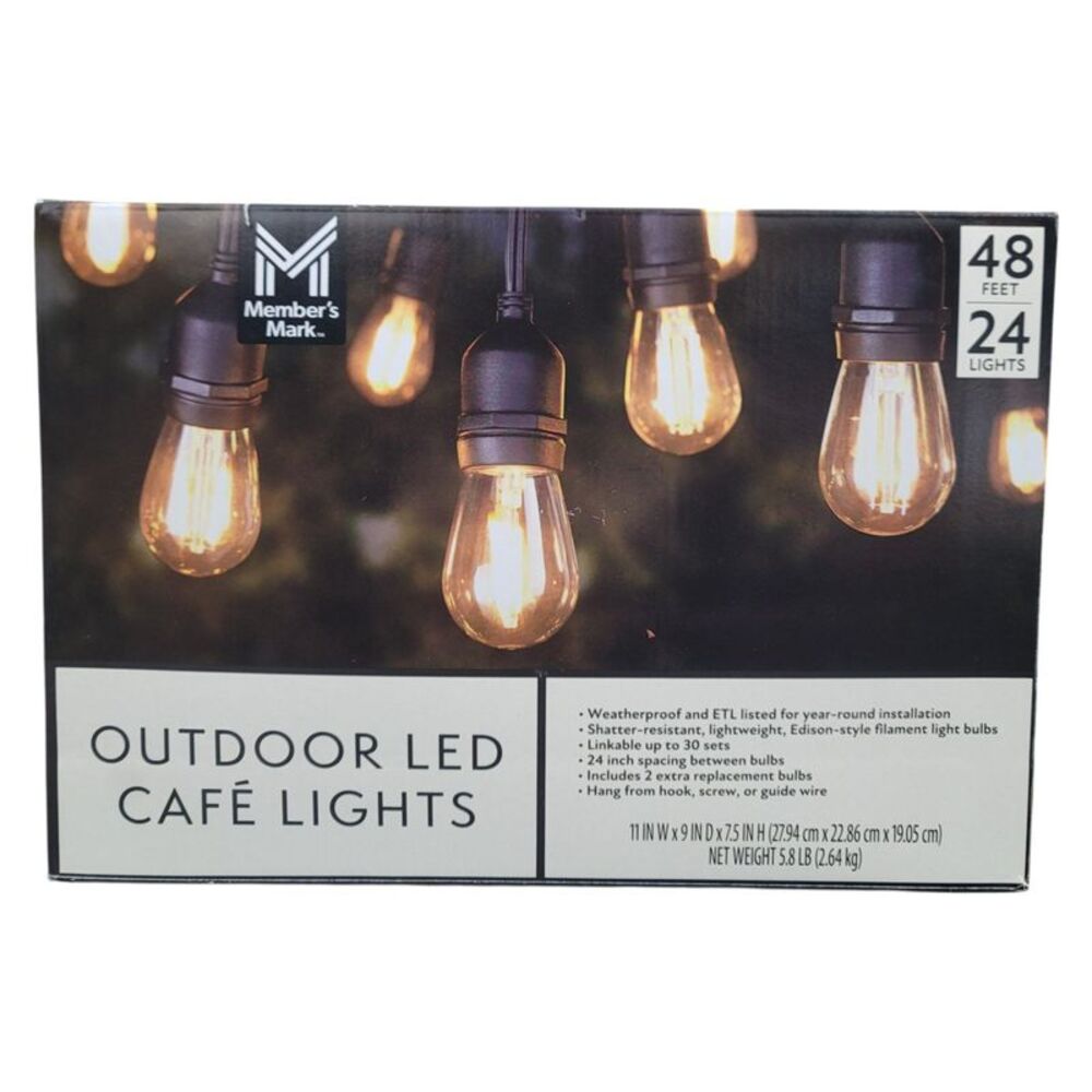Member's Mark 48' Outdoor LED Cafe String Lights, 24 Bulbs